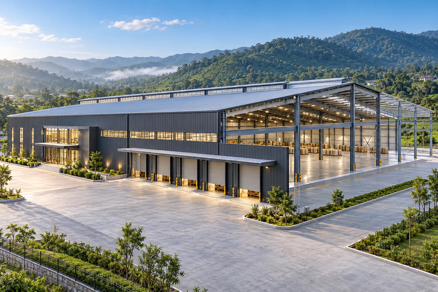 Photorealistic PEB warehouse with an exposed structural bay and completed envelope